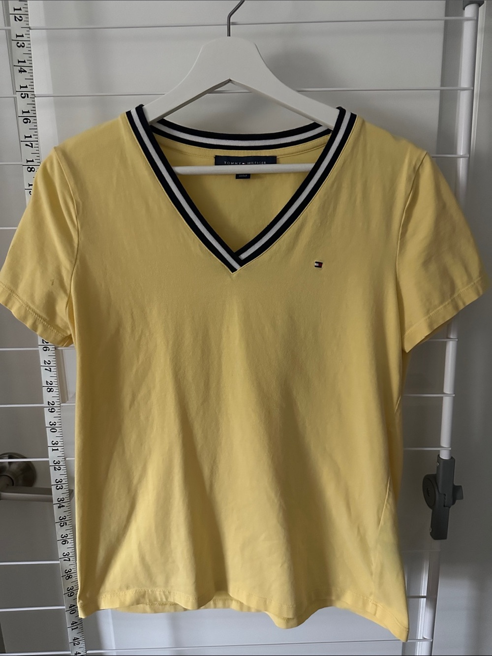 Tommy Hilfiger Pale Yellow V-Neck Tee with Striped Trim